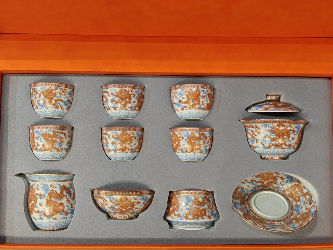 景德镇矾红描金九龙纹功夫茶具套装家用一整套陶瓷盖碗茶杯送礼盒
