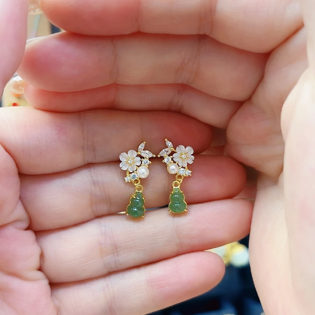 和田玉银S925镀金镶嵌耳饰