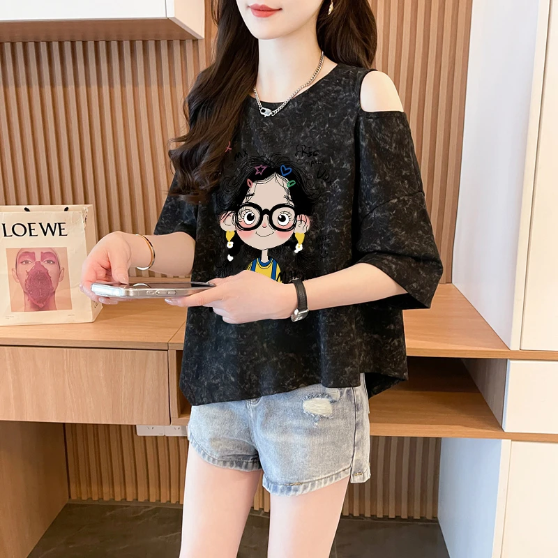 卡通女孩印花短袖T恤夏季时尚韩版宽松不规则露肩扎染设计感上衣