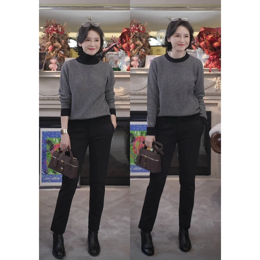 我是摩羯 A*mani千鸟格 澳洲美丽诺羊毛千鸟纹圆领羊绒针织衫