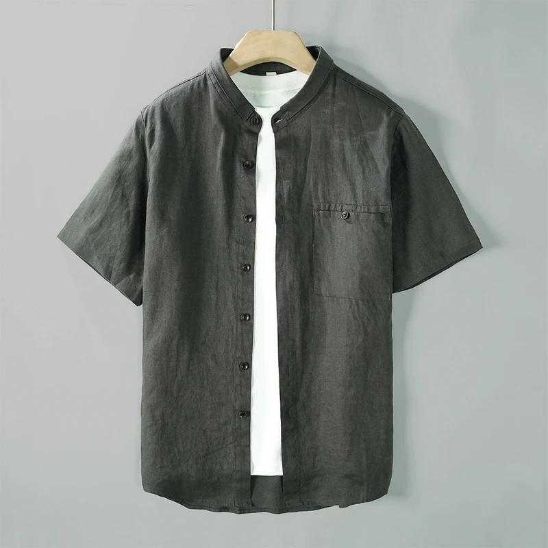 高端轻奢复古男士纯亚麻短袖立领木纽扣衬衫夏天透气全麻布料衬衣