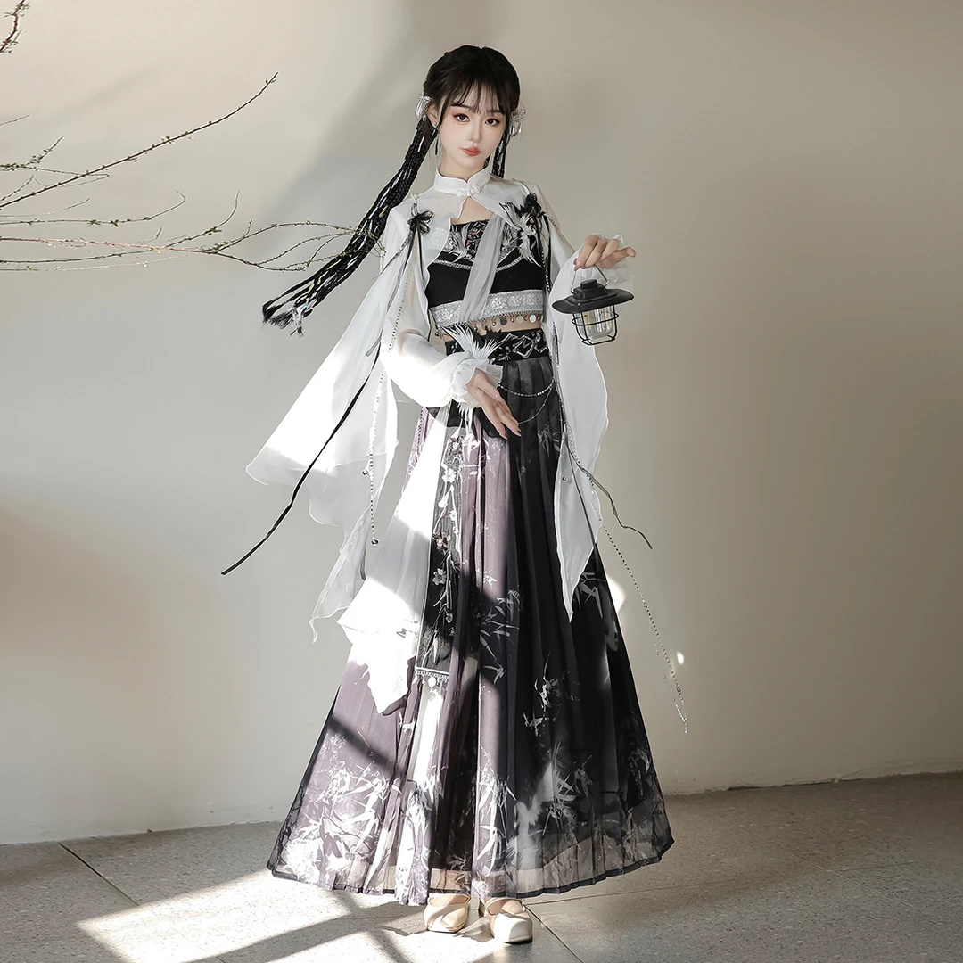 【鹤羽】汉服女装中国风改良汉元素上衣胸衣半裙套装春夏古风黑白