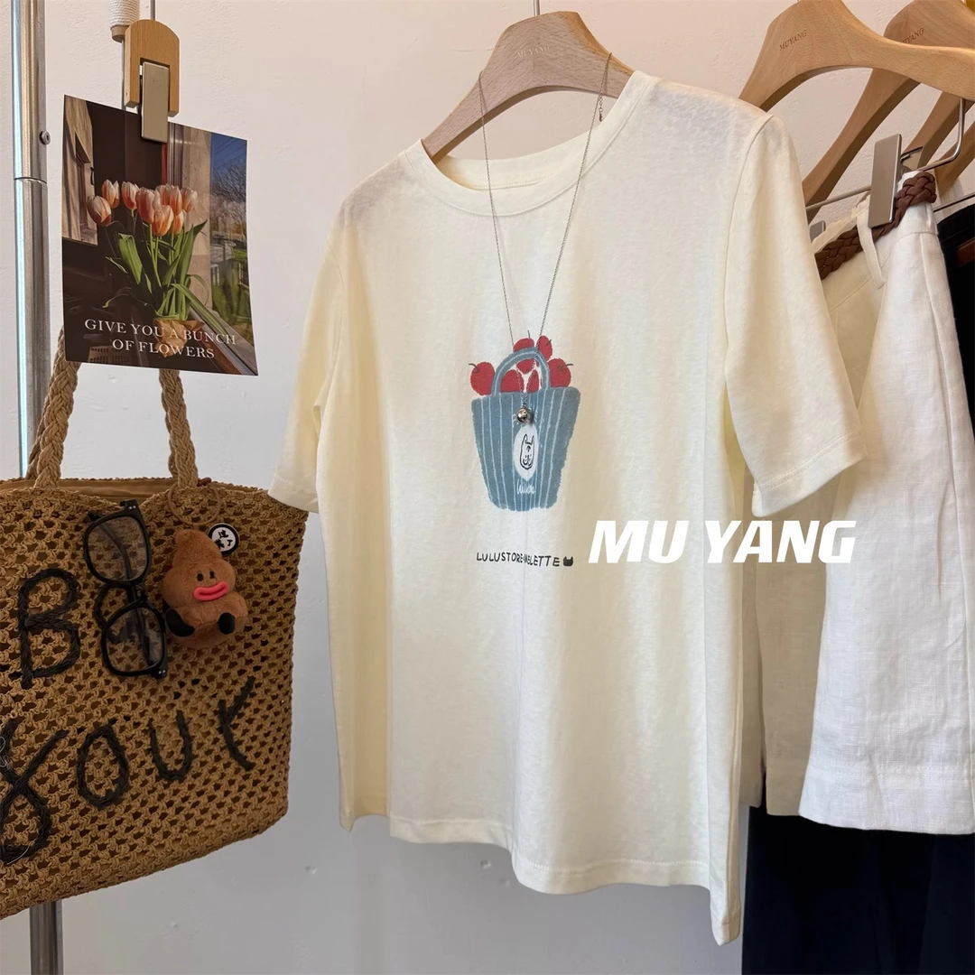 雪花棉短袖T恤女200斤大码胖mm印花夏季宽松2025新款半袖上衣