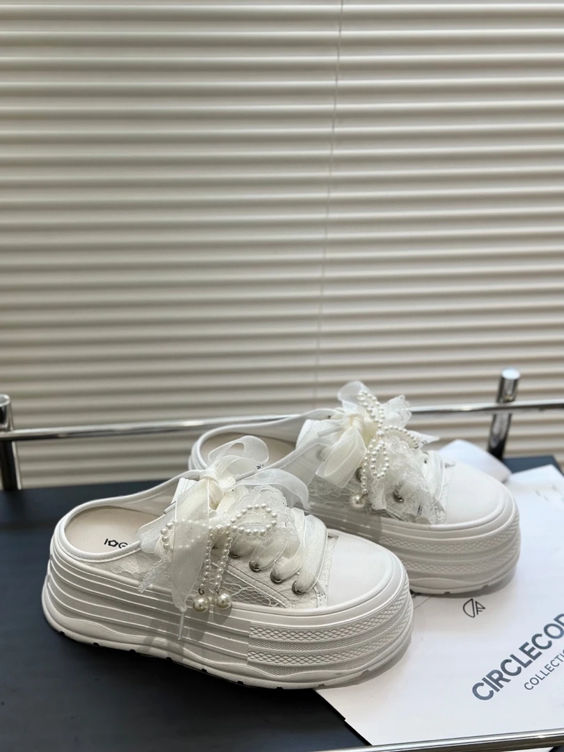 ÉLFSET | 厚底包头拖鞋女2025新款蕾丝网面小白鞋休闲半拖-ES2