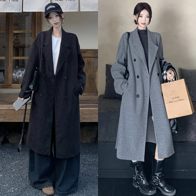 大码胖mm秋冬复古简约气质翻领廓形呢子外套长款遮肉外套女