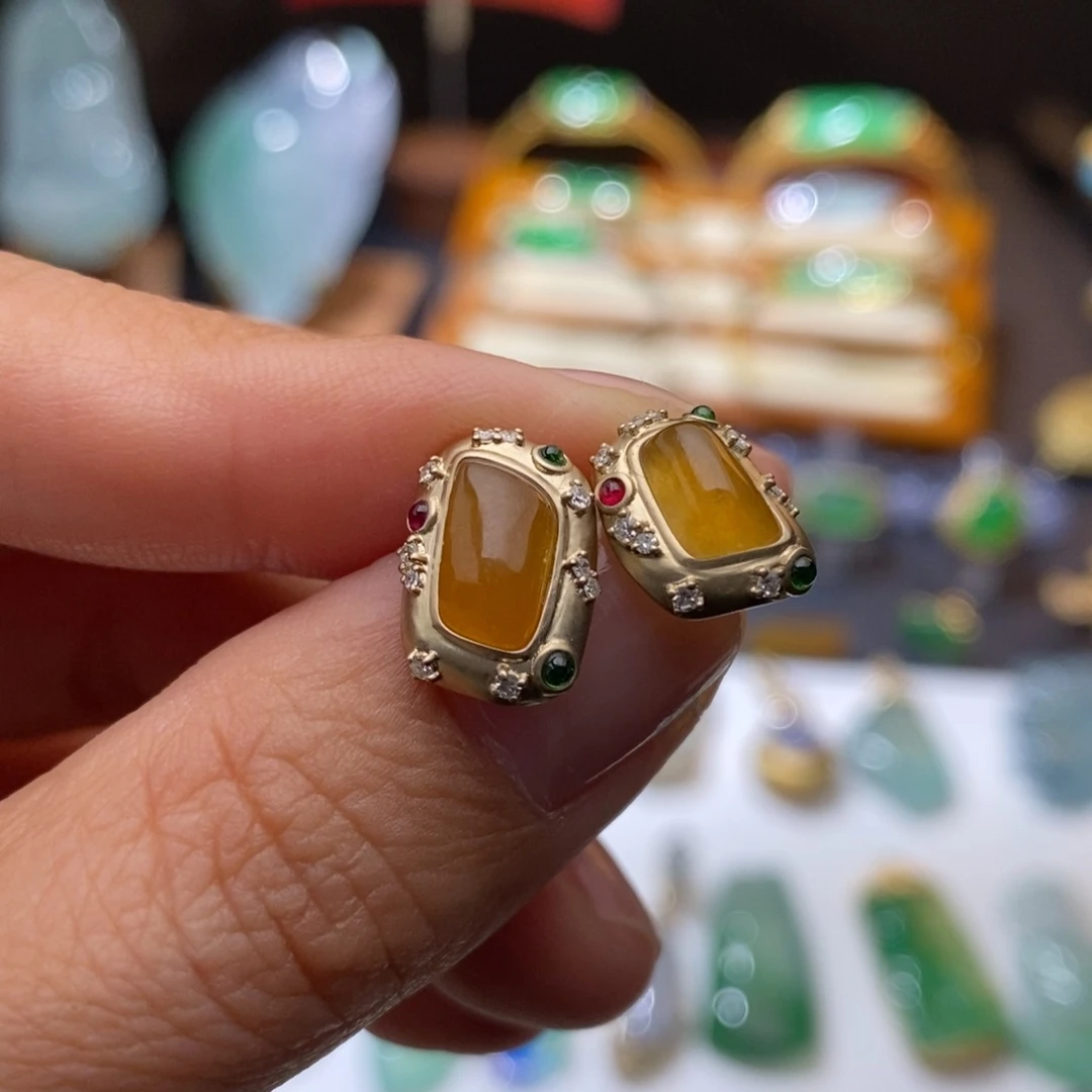 定制翡翠18K金镶嵌耳钉