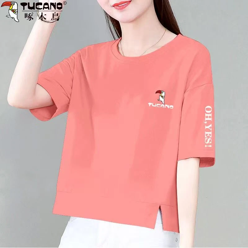 啄木鸟高品质100%纯棉短袖女夏季百搭时尚圆领宽松不规则显瘦上衣