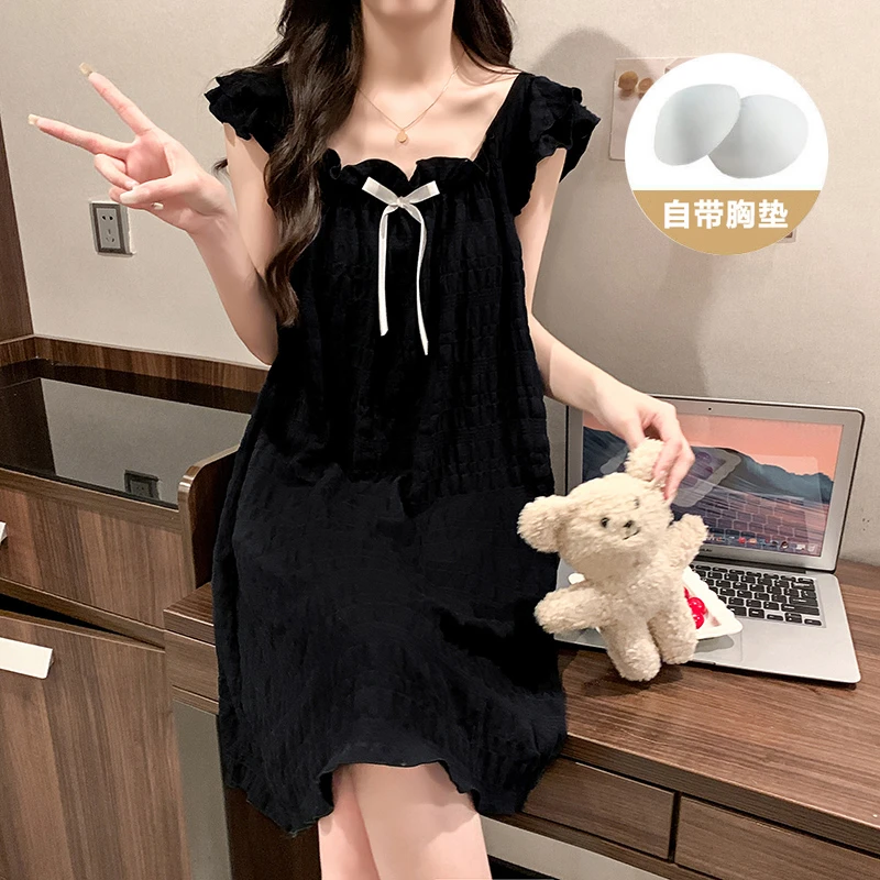 2025夏季新款简约黑色小飞袖蝴蝶结睡裙云朵棉带胸垫连衣裙家居服