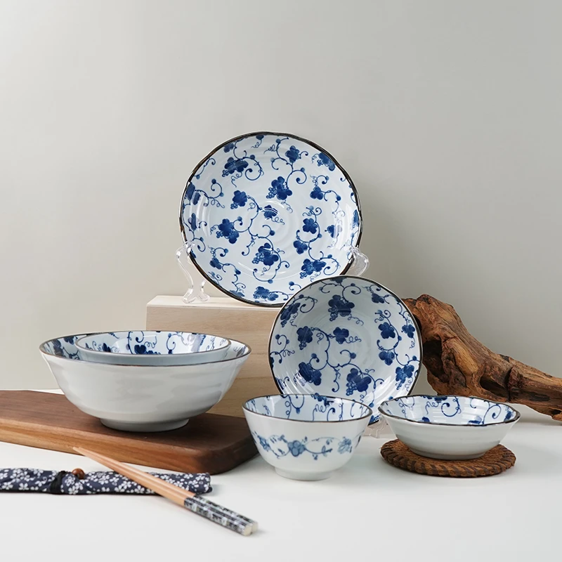 小鹿田烧日本进口葡萄青花陶瓷餐具家用米饭碗餐盘炒菜盘日式深盘