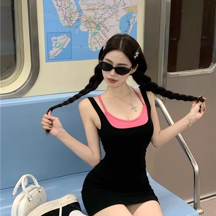 纯欲风辣妹修身包臀短裙夏季显瘦设计感叠穿吊带连衣裙两件套装