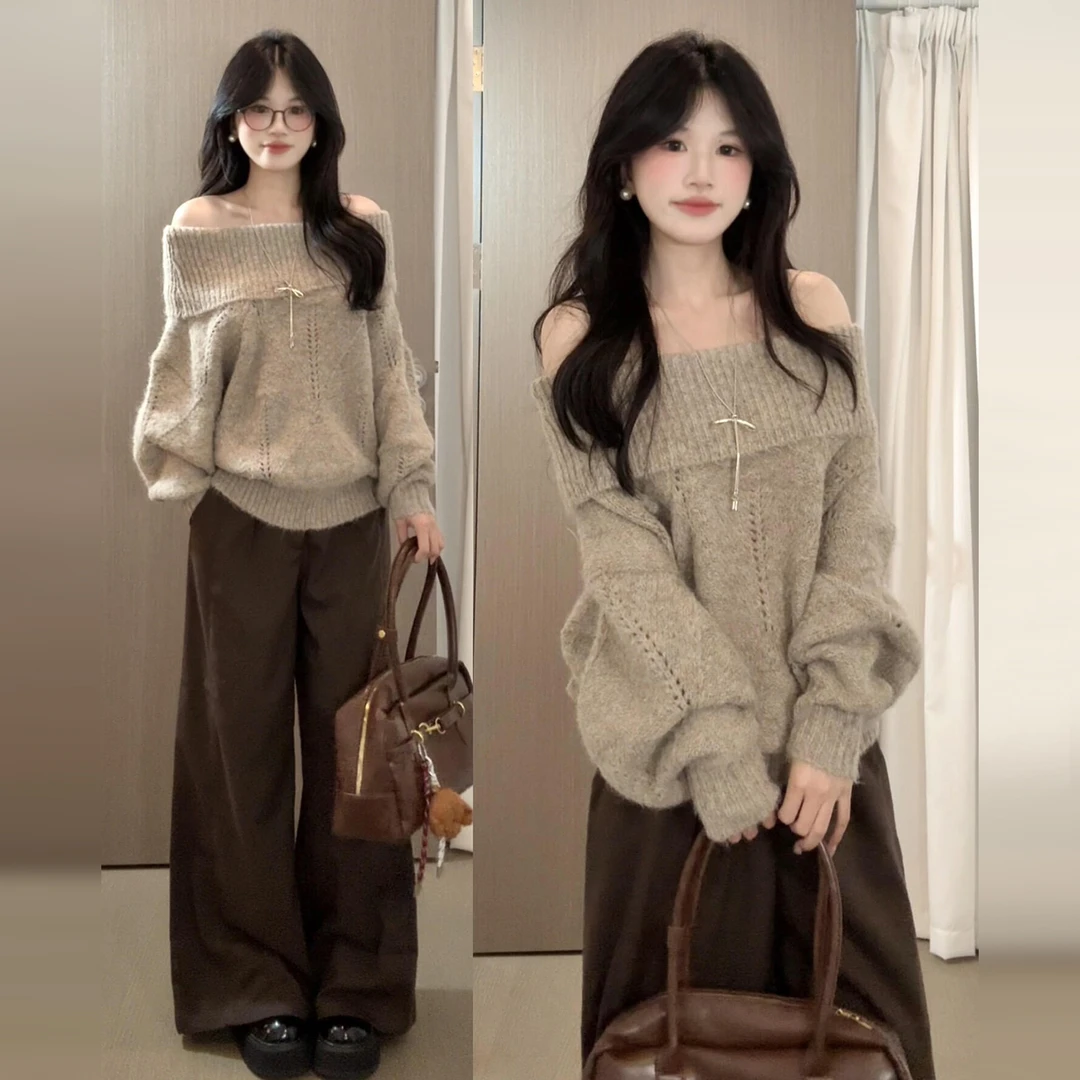法式慵懒风一字肩针织毛衣女春秋2025年新款早秋韩系穿搭一整套装