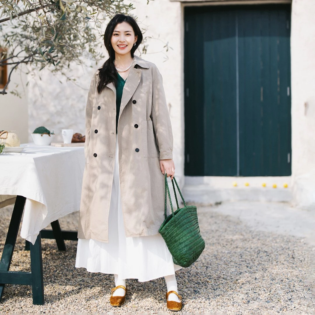 梭家｜书稿｜简约通勤卡其灰匹马棉长款风衣春季女长袖外套气质