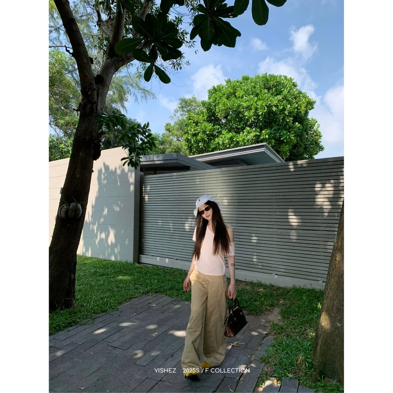 YISHEZ “奥利机场”四季厚度+轻微磨毛卡其色休闲裤宽松百搭长裤