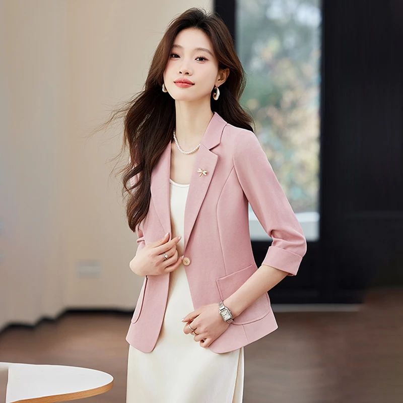 粉色休闲西装外套女士2025新款夏季薄款小个子高级感气质中袖西服