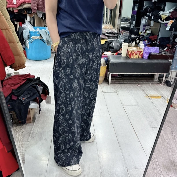 韩版高弹力秋冬中高后松紧腰阔腿花花休闲裤896欧美