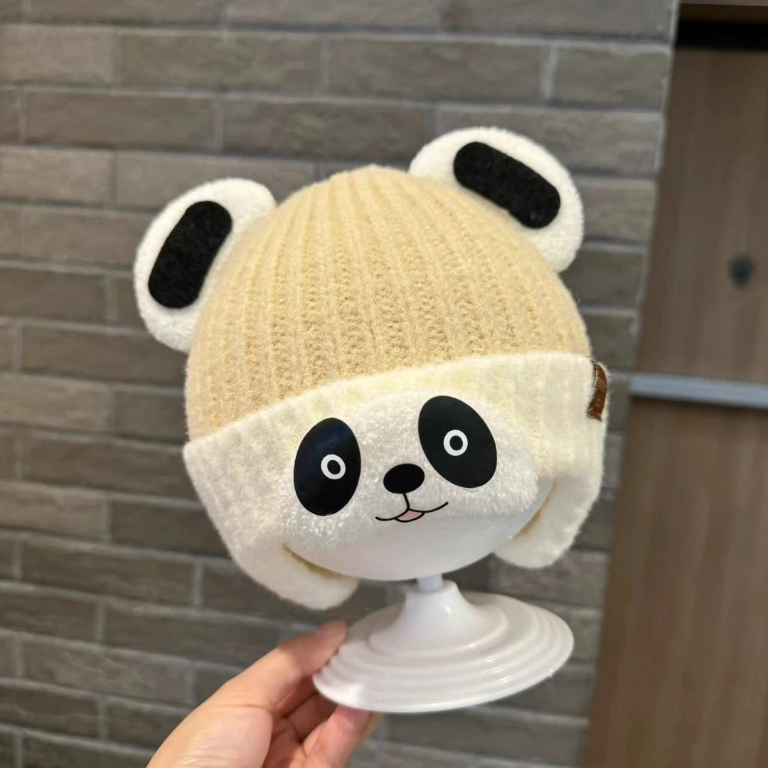 婴儿帽子秋冬季毛线帽男宝宝熊猫婴幼儿可爱针织加厚保暖护耳帽女