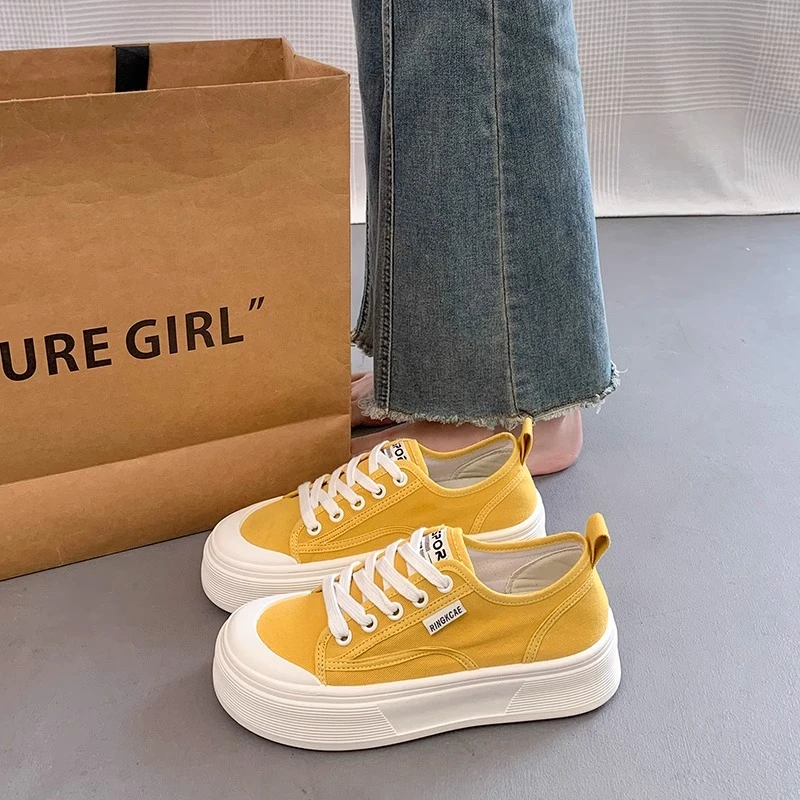 黄色帆布鞋女2025年夏季新款透气薄款厚底小白鞋爆款休闲运动板鞋