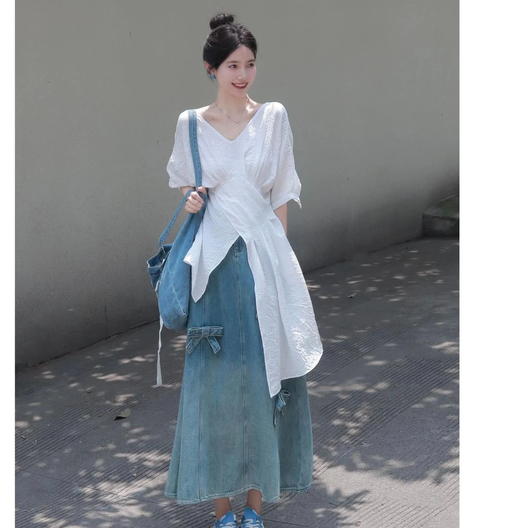 韩系简约开叉时尚通勤休闲白色不规则衬衫女夏季短袖圆领气质上衣