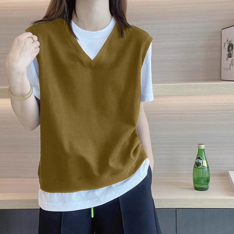 2025夏季新款女士撞色假两件短袖t恤休闲气质上衣显瘦纯棉体恤衫