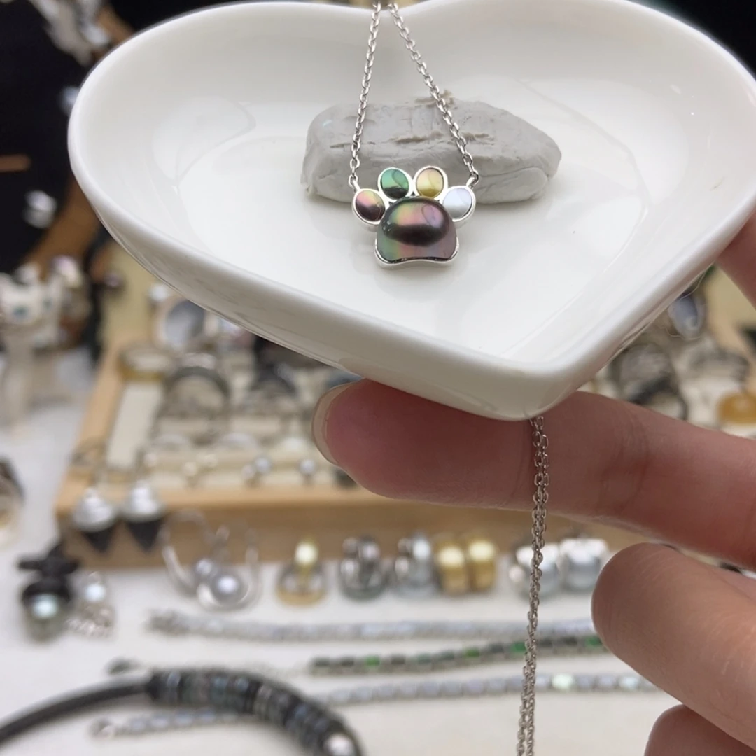 海水珍珠银S925镶嵌画框炫彩猫爪吊坠
