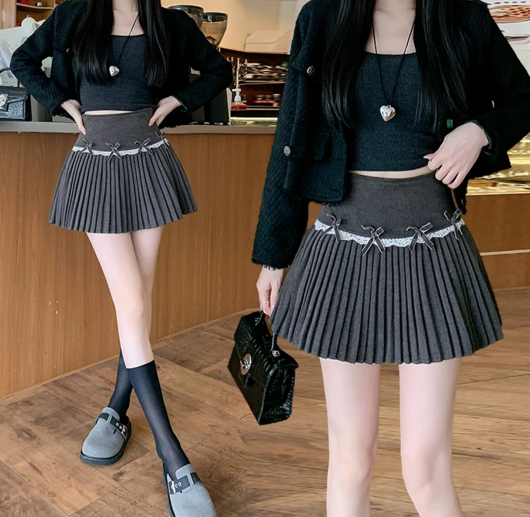 【清货】甜美风高腰蝴蝶结小众款半身裙显瘦百搭学院风百褶短裙