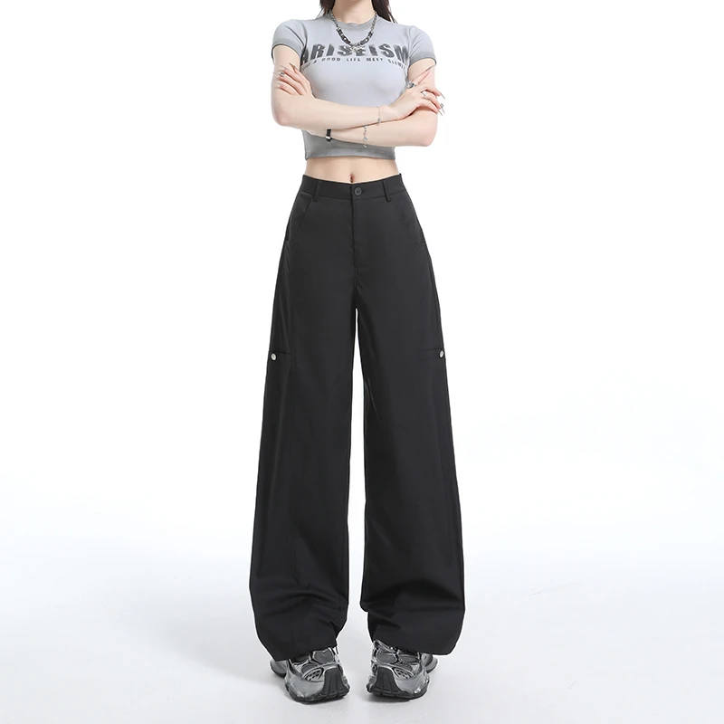 黑色速干工装休闲裤女夏季2025新款宽松显瘦薄款运动冰丝阔腿裤子