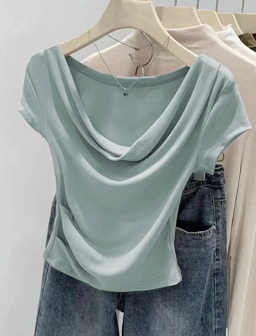 设计感小众荡领修身显瘦弹力T恤女夏季2025新款辣妹短款上衣