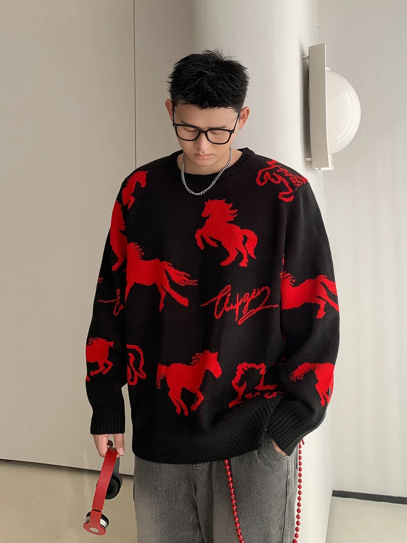 潮牌加大码男装2025冬胖子宽松提花圆领毛衣加肥加大针织衫毛衣男