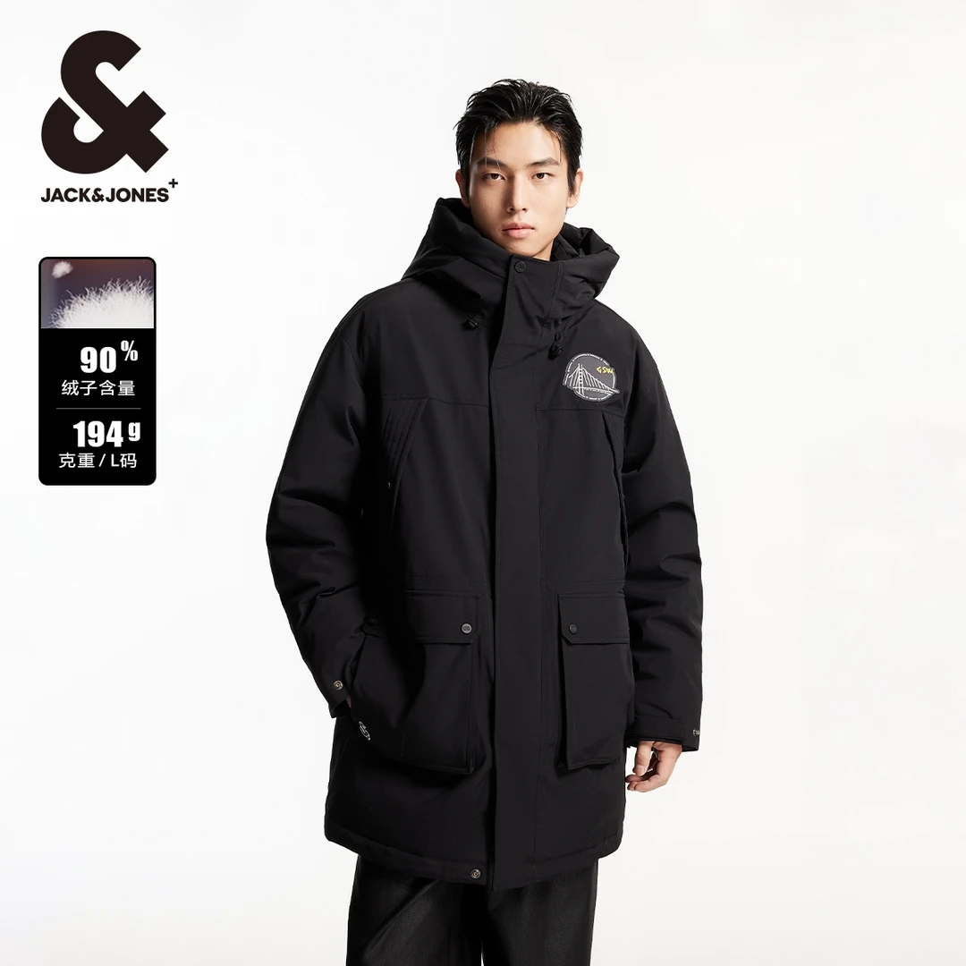 杰克琼斯男装厚外套NBA联名勇士队百搭潮流连帽羽绒服中长款上衣