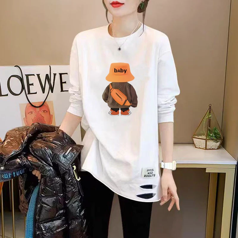 白色t恤女长袖春秋新款叠穿纯棉内搭遮屁股卡通印花中长款打底衫