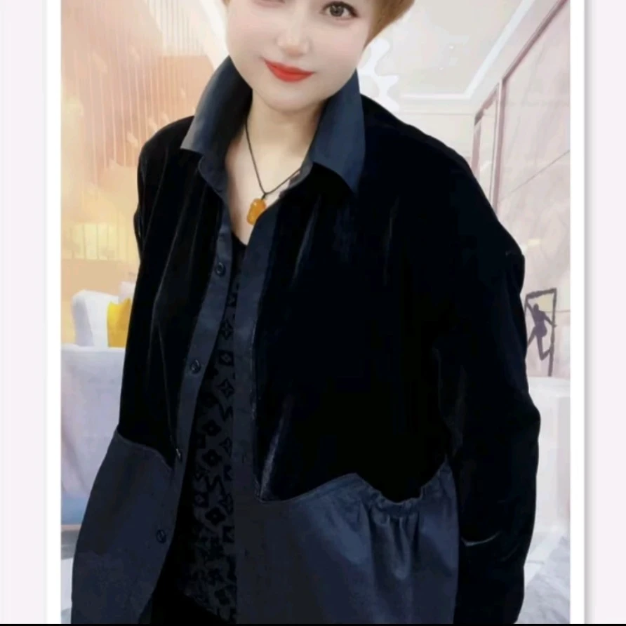 大码秋季上衣拼接时尚短外套POLO领女气质抽褶口袋洋气外套