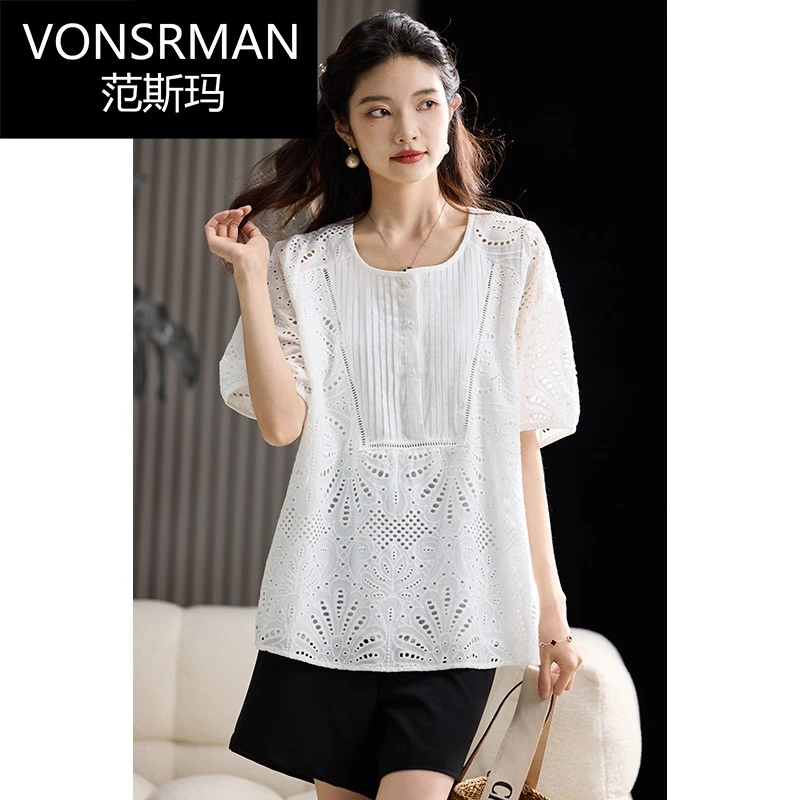 高端时尚蕾丝短袖白色衬衫女2025年夏季新款气质小衫欧货大码上衣