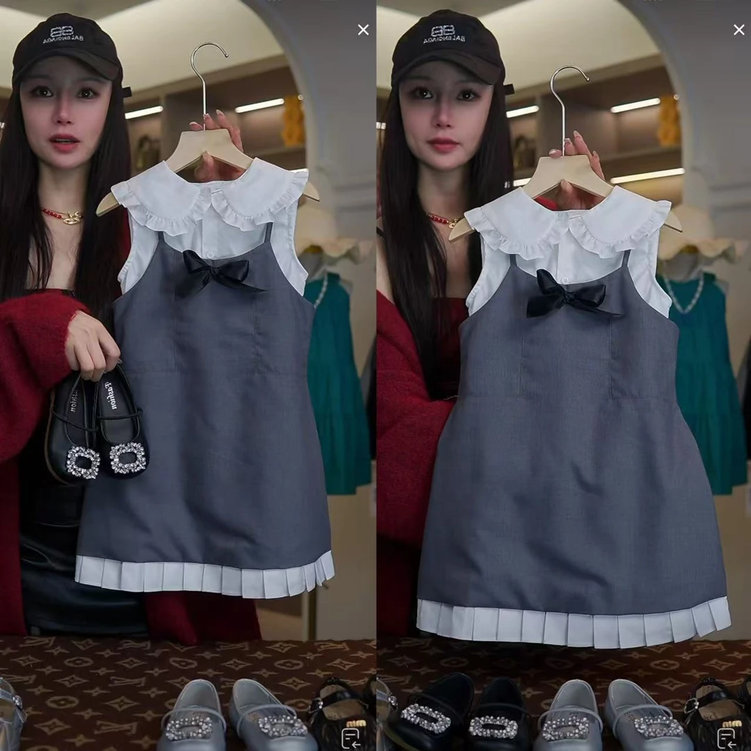 AYJ250058小香风小众复古木耳边娃娃领蝴蝶结无袖连衣裙