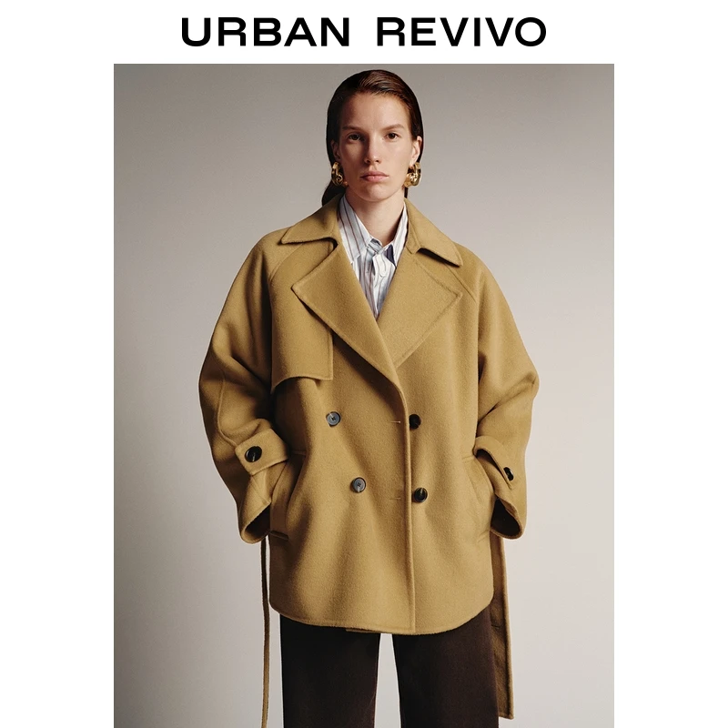 UR2025冬季新款女装简约气质腰带双排扣大衣外套UWJ150084