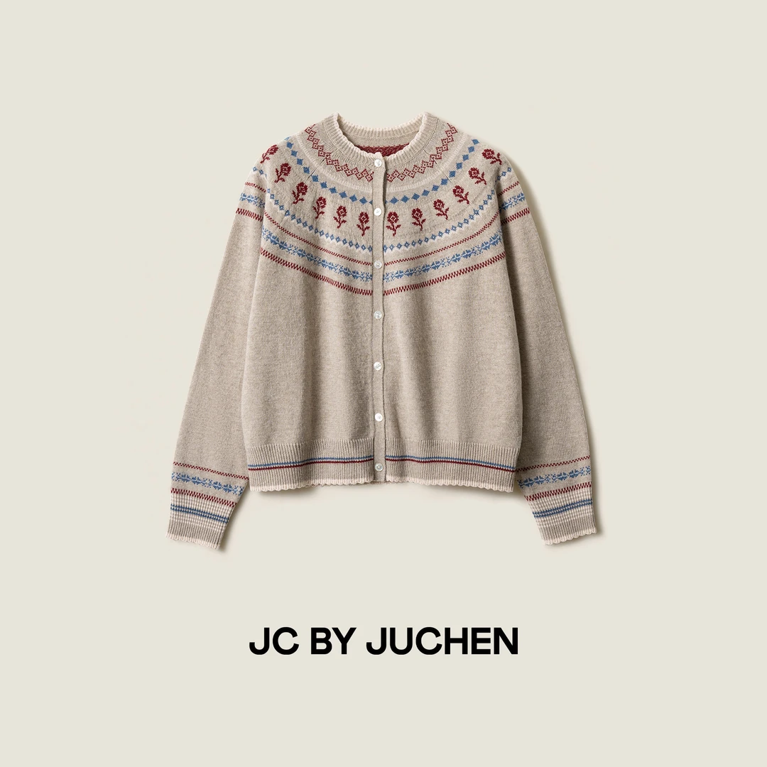 VTG费尔岛小红花复古提花撞色花边领针织毛衣外套FW108001-195