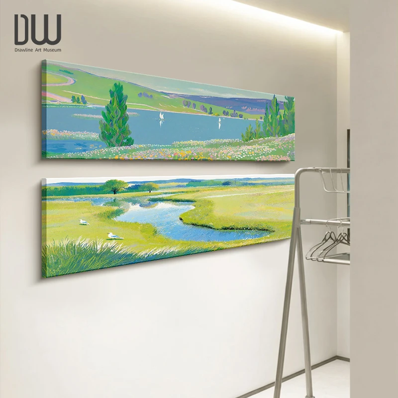 流水生财电梯入户装饰画小清新风景横款走廊挂画小户型显大原创画