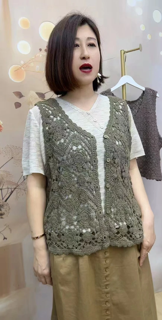 四季可穿棉麻镂空宽松遮肉开衫马甲