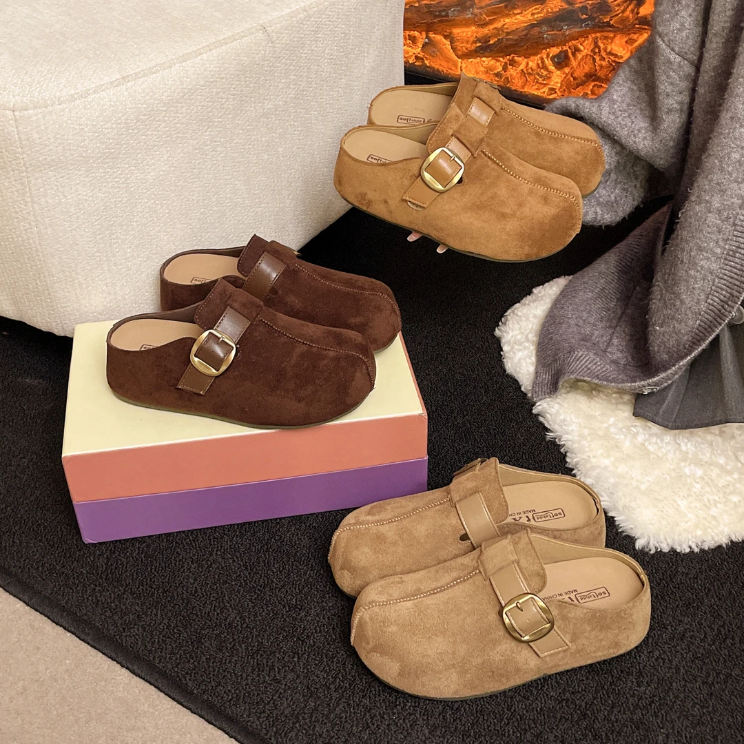 4.5CM内增高勃肯女外穿秋季新款时尚皮带扣休闲文艺复古包头拖
