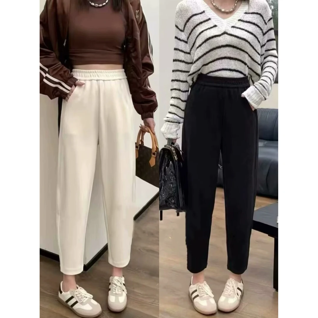 大码秋冬加绒加厚立体装饰拼接厚款高腰哈伦休闲九分卫裤