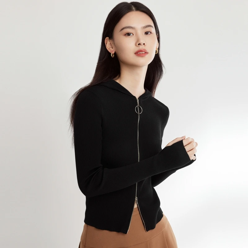 EP YAYING雅莹女装 羊毛连帽修身截短针织外套 秋装新款9188A