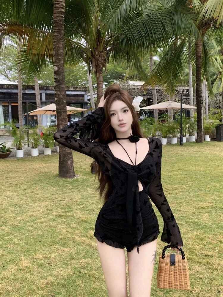 新款黑色蝴蝶性感修身连体长袖罩衫显瘦带细闪泡温泉度假游泳衣女