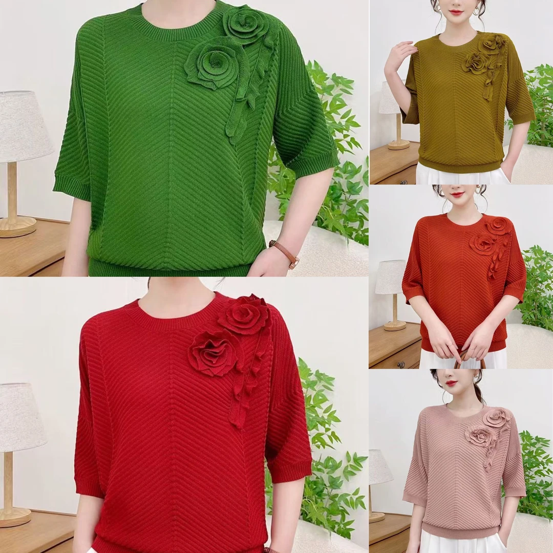 春季减龄妈妈装圆领宽松分袖针织毛衣时尚百搭