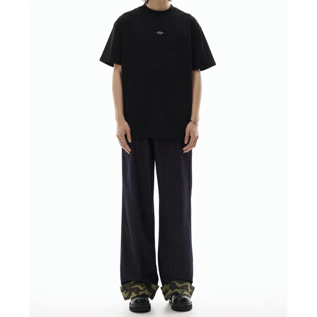 C02#顶！某饱188！迷彩卷边baggy牛仔裤直筒宽松vintage坠感裤子