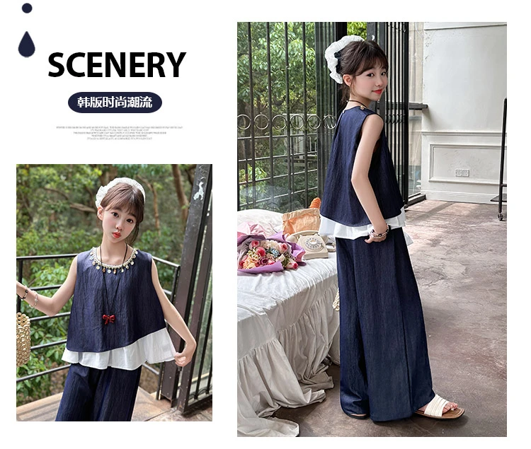 休闲风韩版女夏季纯色薄款套装童装无袖潮流宽松拼接儿童女童牛仔