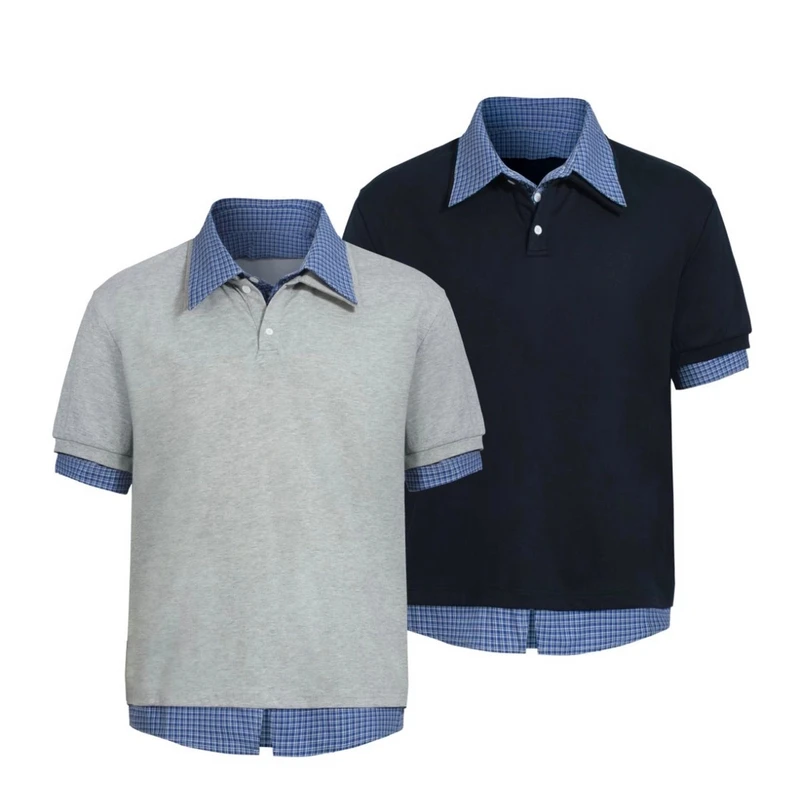 「原创正品」DERT 假两件格纹POLO短袖衬衫知识分子高级感雅奢T恤