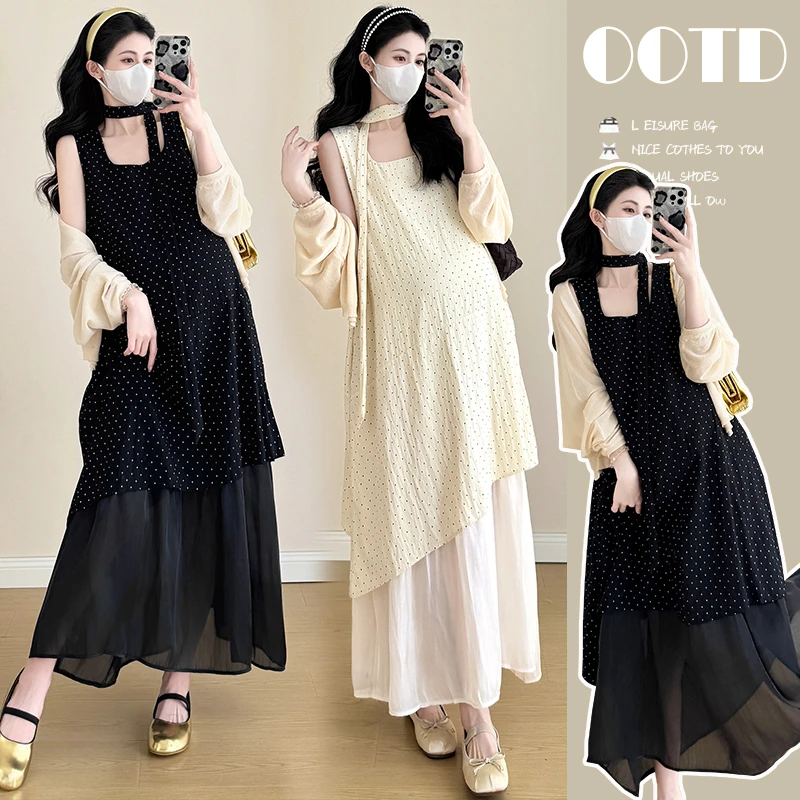 2025年孕妇装新款波点无袖薄款连衣裙打底裙+防晒衣套装长款宽松