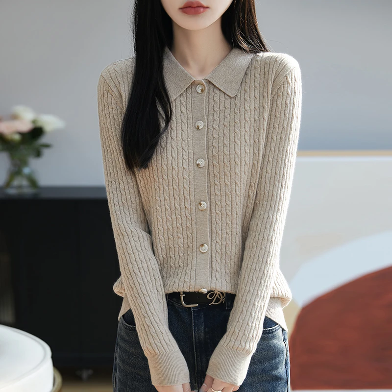 精纺100羊毛polo领麻花针织开衫女修身显瘦简约通勤毛衣外搭薄