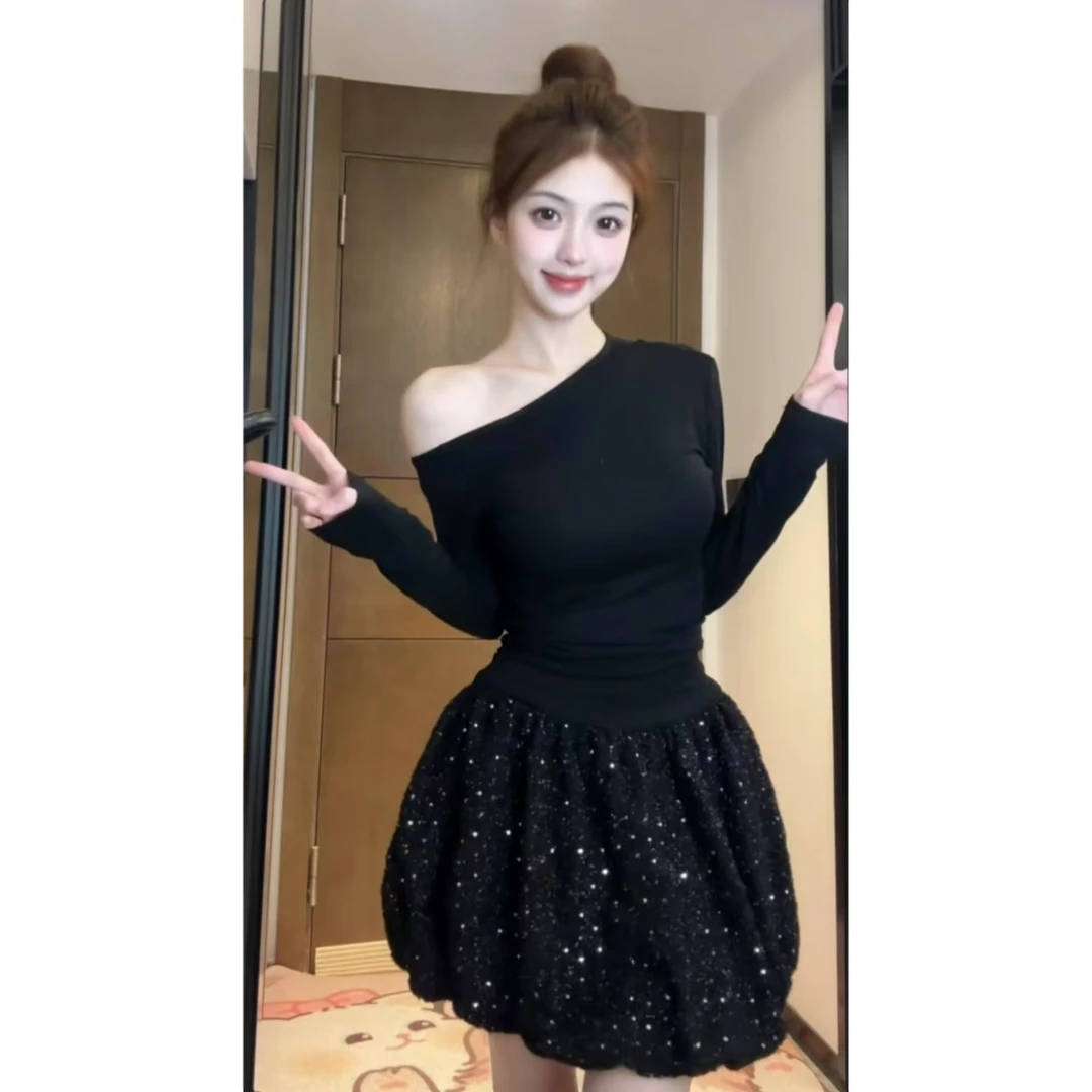 【XIAOBAWANG】芭蕾风性感斜肩长袖连衣裙收腰花苞亮片裙公主裙W