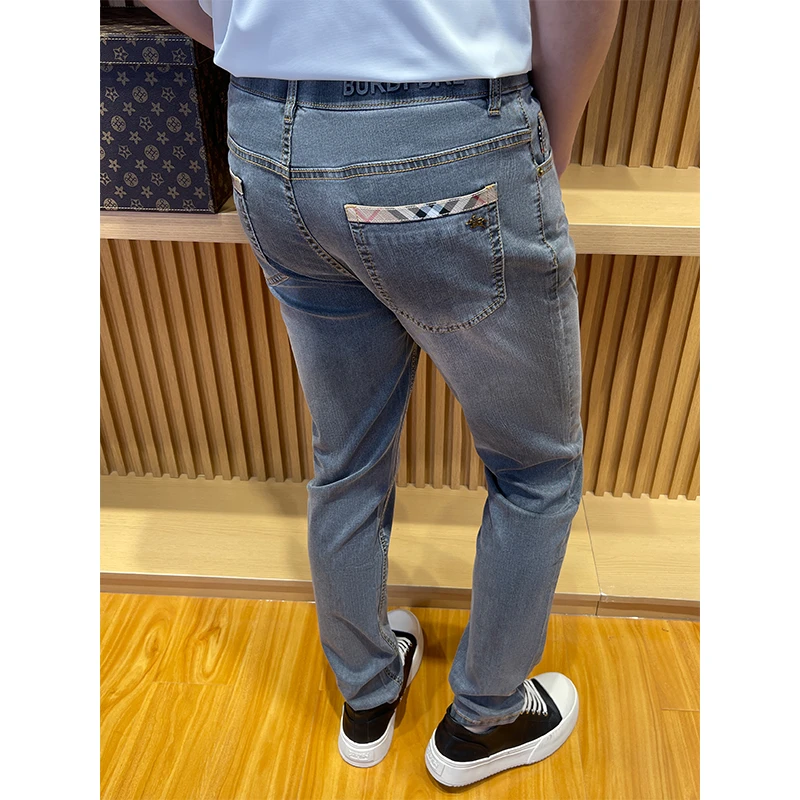 轻奢级夏季薄款高端洗水浅灰色牛仔裤男修身小直筒弹力休闲裤男士
