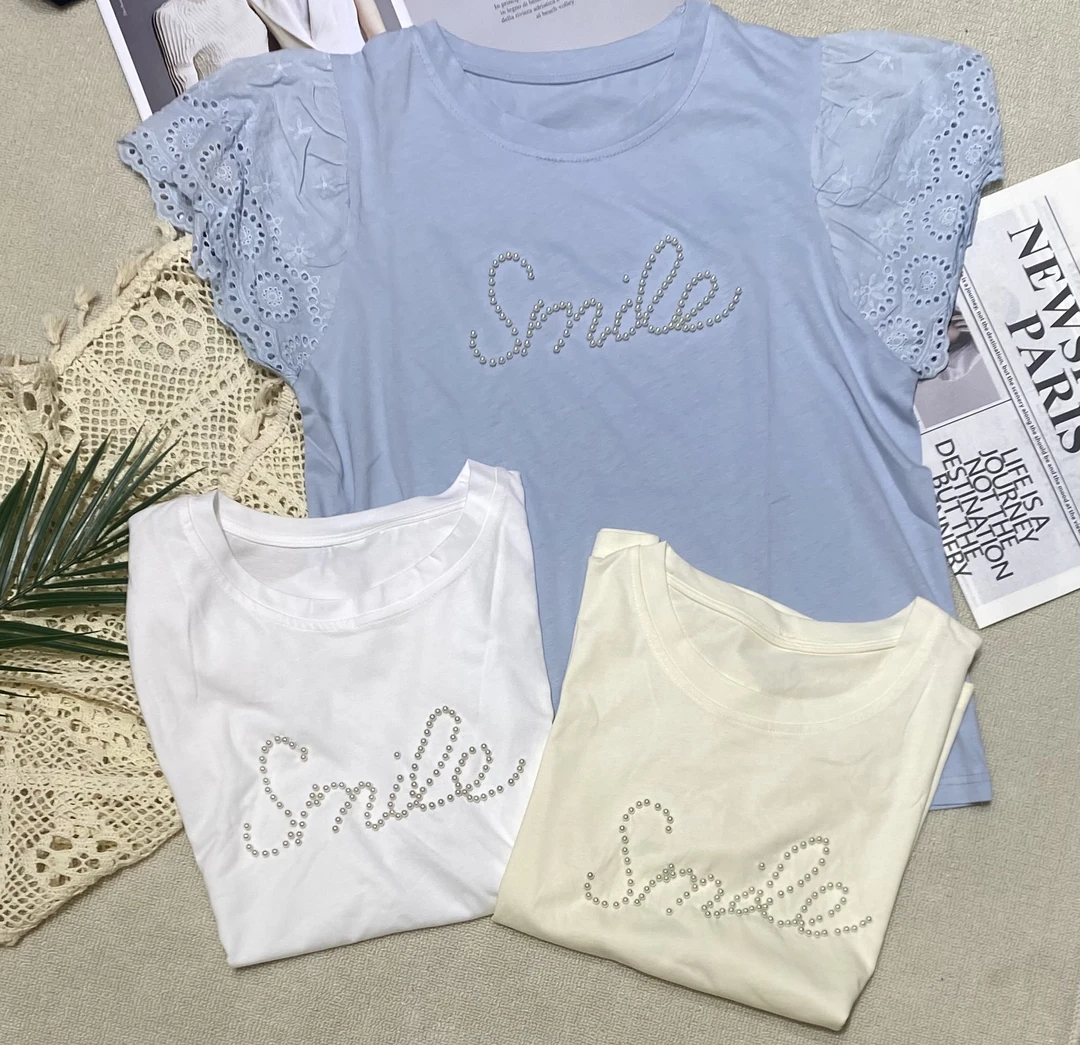 【MIDUO米多】（905）珍珠蕾丝女士短袖上衣